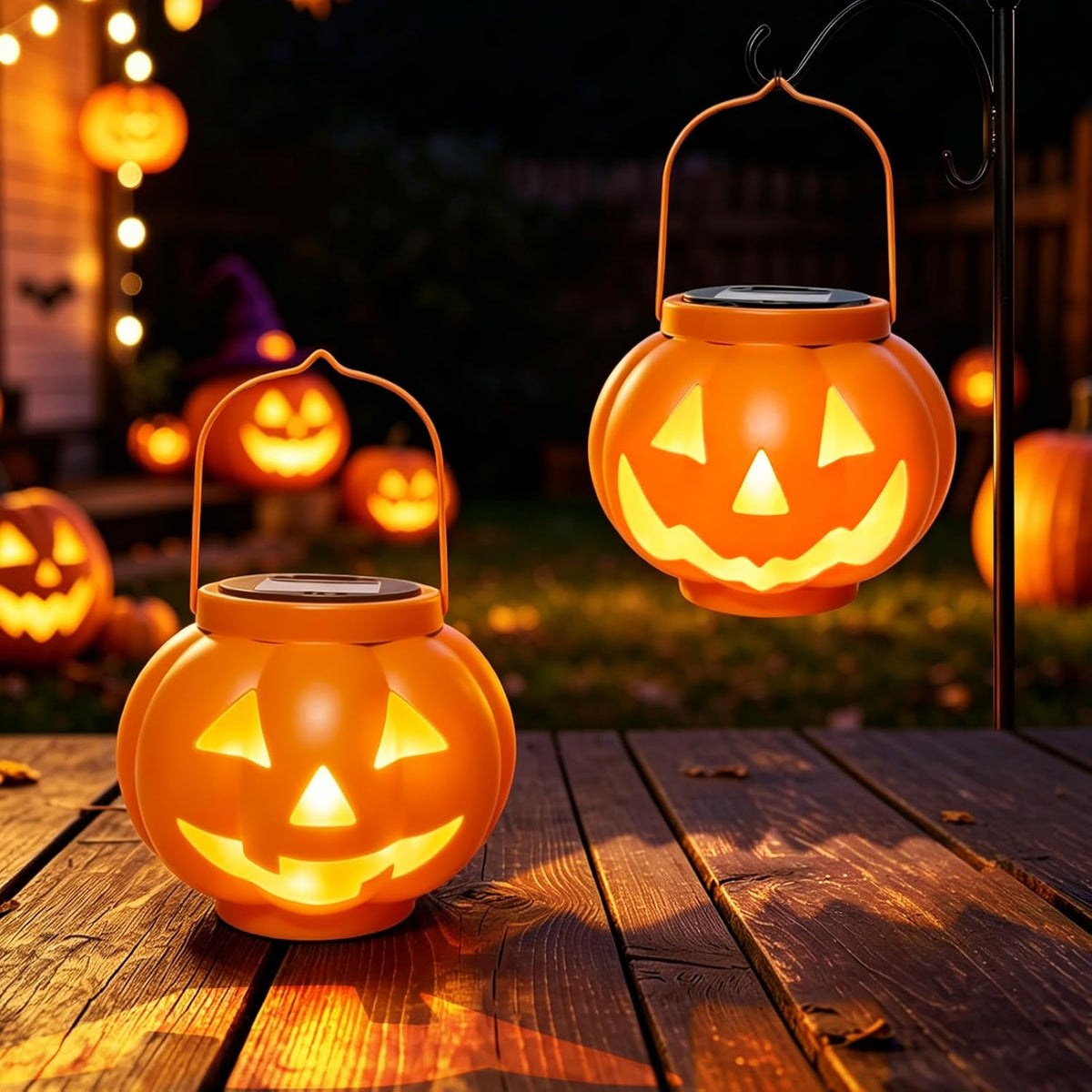 Two Jack O Lantern solar lights glowing warm white for Halloween outdoor decorations