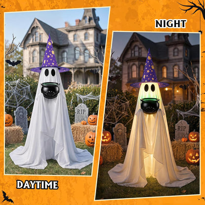 Large Halloween ghost prop with glowing cauldron for outdoor decorations