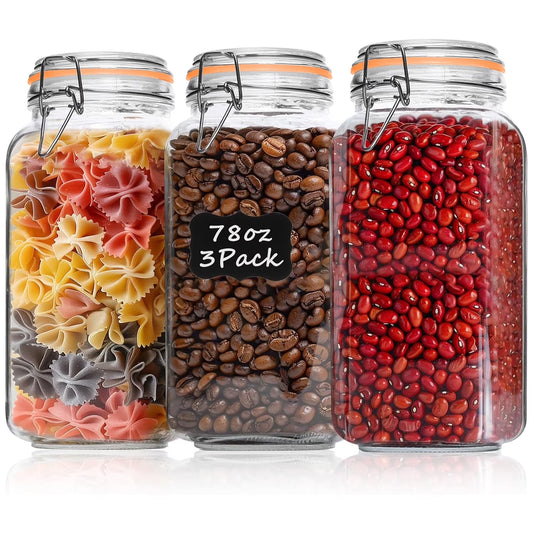 3-Pack 78oz Glass Jars with Airtight Lids, Large Clear Food Storage Canisters with Labels for Flour, Sugar, Pasta, Coffee & Cereals