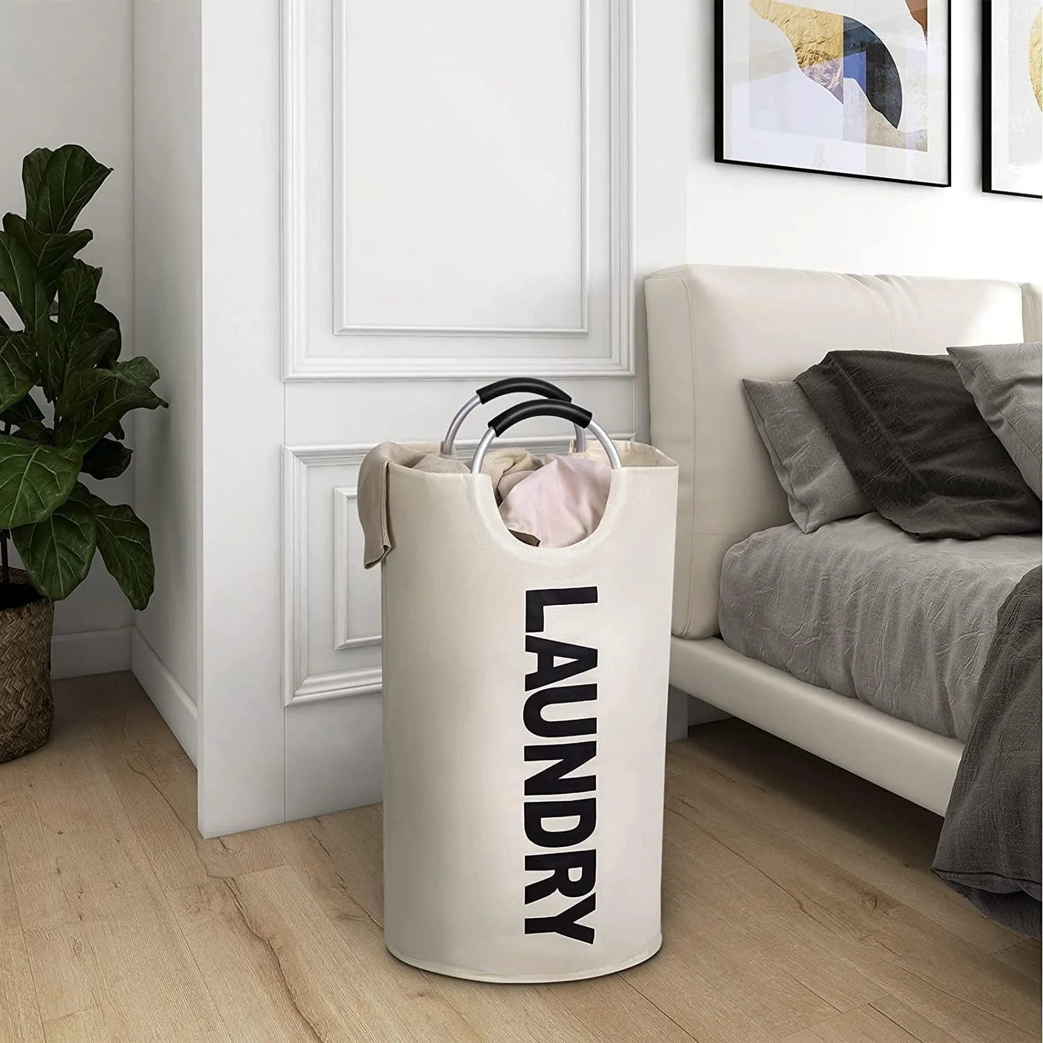 82L Large Laundry Basket Beige Collapsible Hamper with Handles Double Layer Waterproof Fabric Dirty Clothes Basket Foldable Freestanding Bin Laundry
