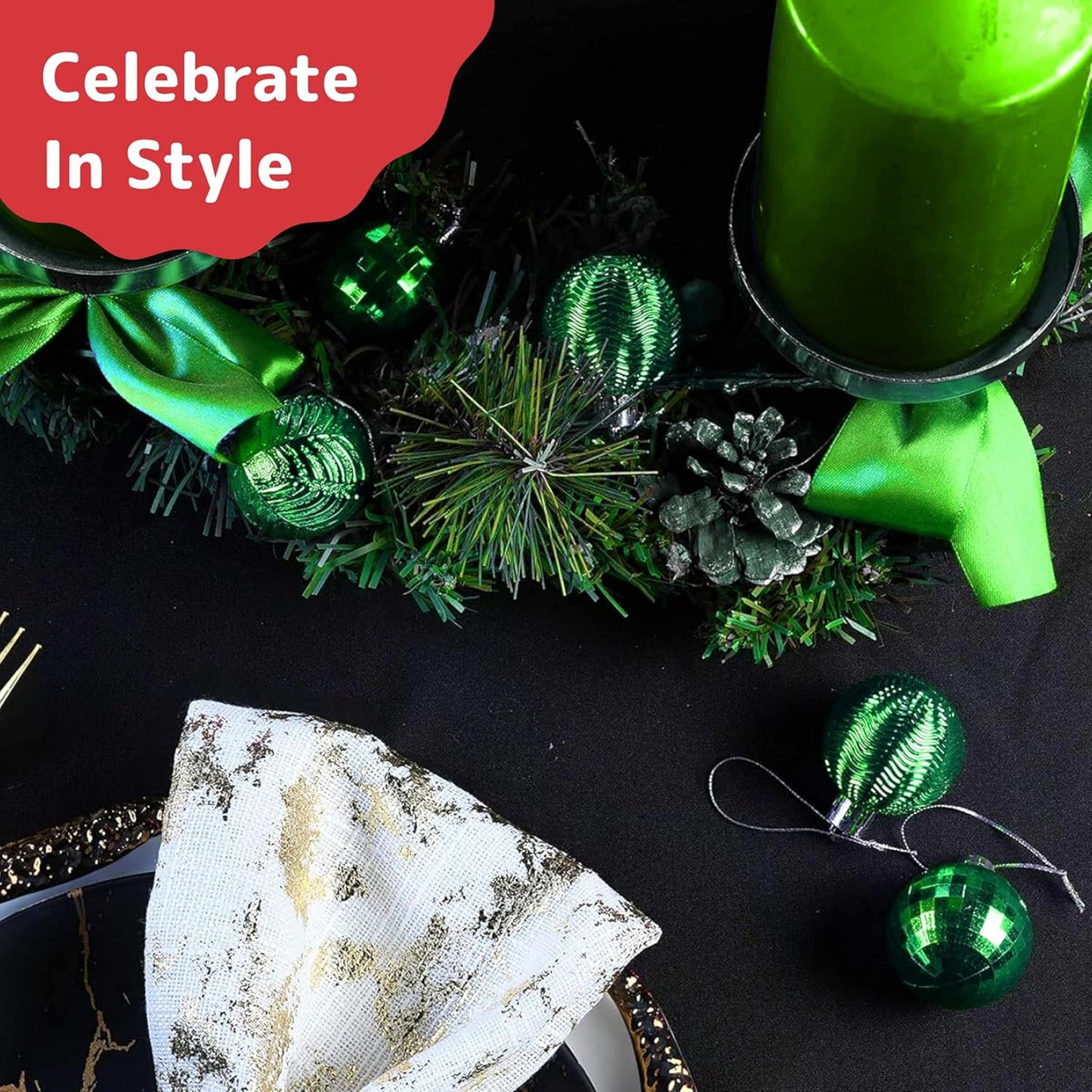  36-Piece Shatterproof Green Christmas Ornaments – 3 Sizes, 6 Styles with Hanging Loops for Tree, Wreath & Holiday Decor