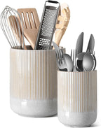 Set of 2 Ceramic Kitchen Utensil Holders, Large Modern Countertop Crocks for Spatulas & Cooking Tools, White (7.3" & 5.4")
