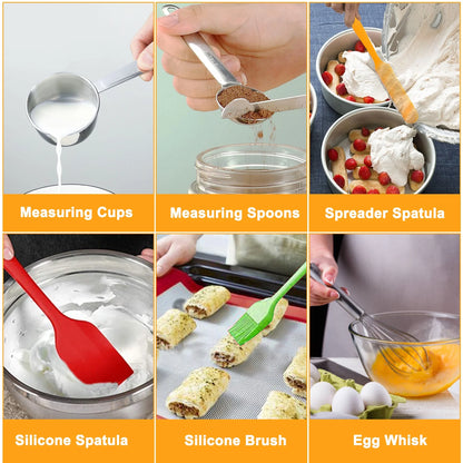 Mixing Bowls with Lids Set, 23 Pcs Kitchen Utensils Stainless Steel Nesting Bowls, Measuring Cups Spoons, 12 Reusable Silicone Stretch Lids Non-Slip Mat Egg Whisk for Baking Cooking by