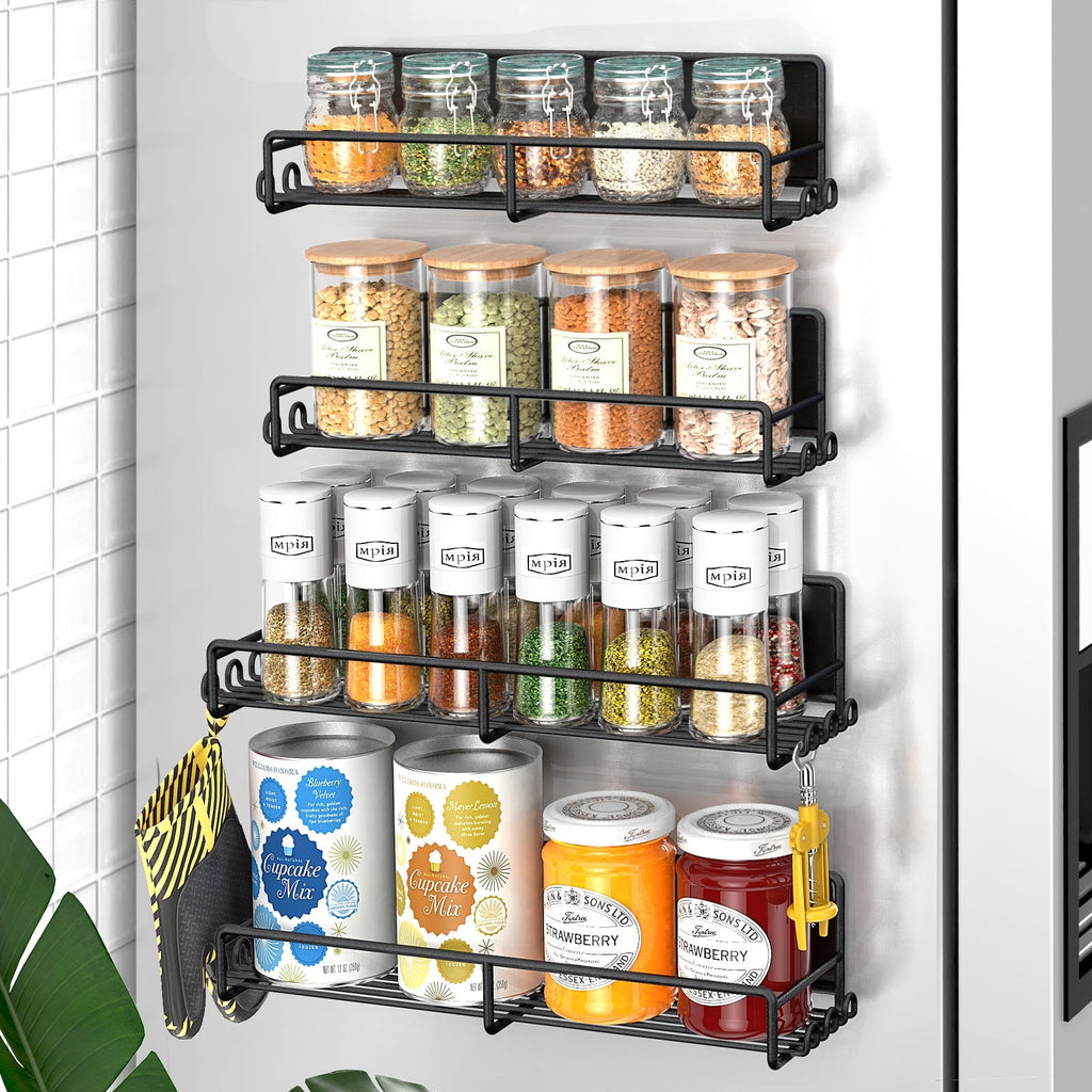 4-Pack Black Magnetic Spice Racks for Refrigerator & Oven, Metal Storage Shelves with Strong Magnets for Seasoning Organization
