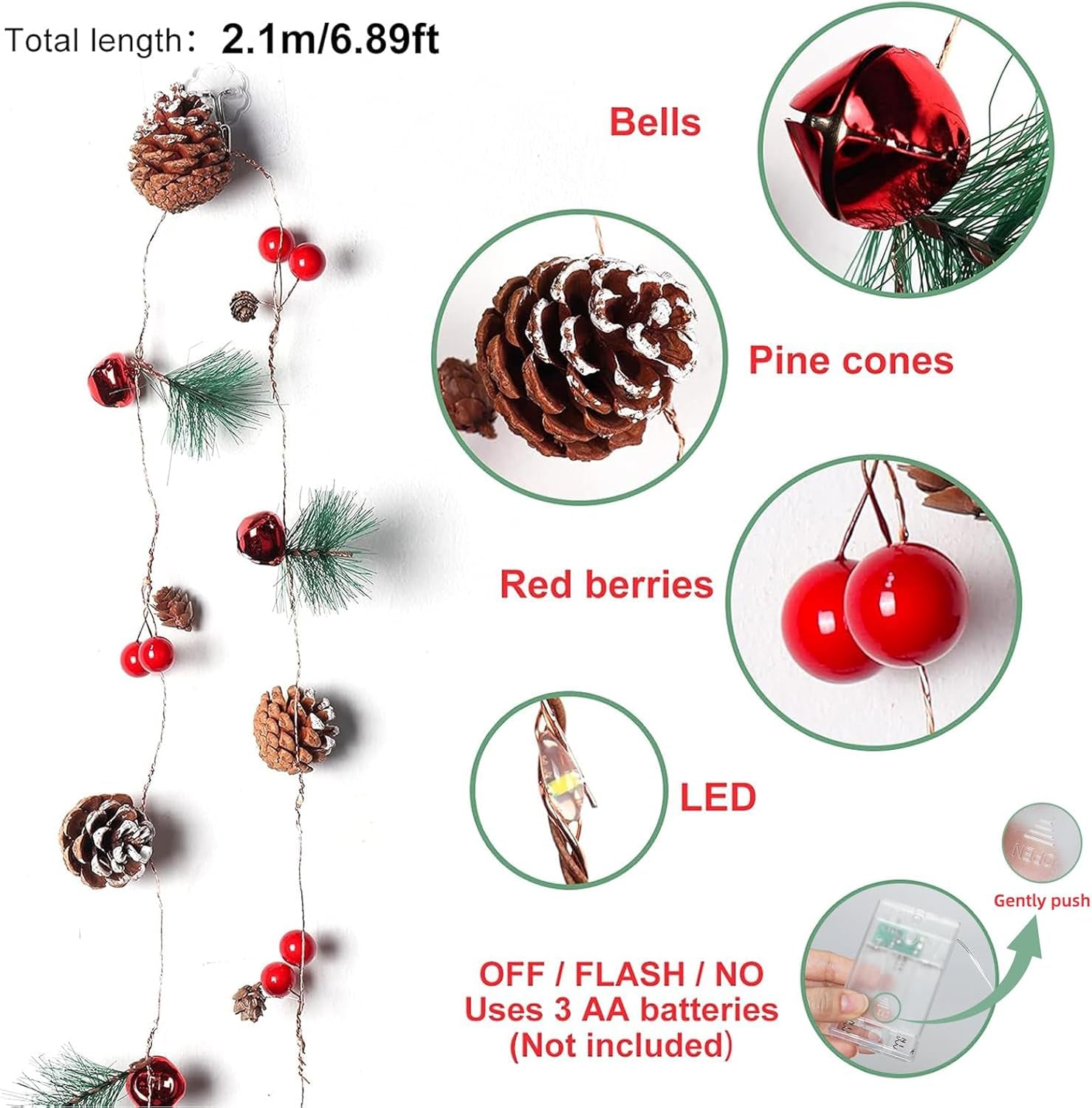 Casy Nest Christmas Garland Decoration with Lights, 7FT 20LED Pine Cone Red Berry Bell Battery Operated Christma String Light, Lighted up Pinecone Vine Indoor Outdoor Xmas Tree New Year Holiday Decor