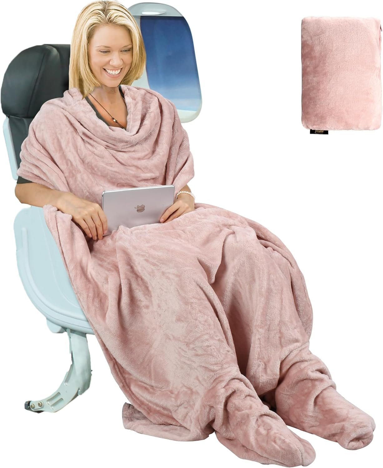 Travel Blanket Airplane Office Poncho 4 in 1 Premium Cozy Fleece Portable Poncho Blankets with Built-In Bag, Pocket