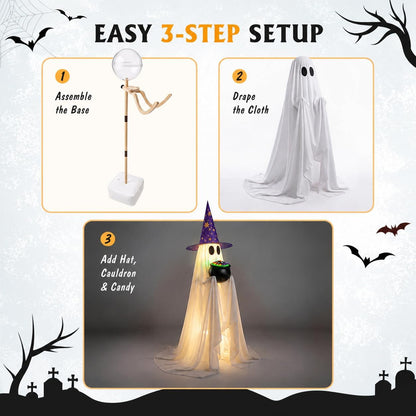 Light up ghost Halloween yard decor with cauldron for nighttime display