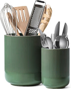 Set of 2 Ceramic Kitchen Utensil Holders, Large Modern Countertop Crocks for Spatulas & Cooking Tools, White (7.3" & 5.4")