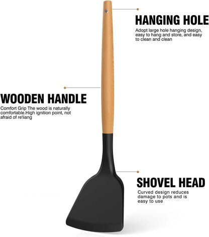 Silicone Cooking Utensil Set with Wooden Handles, Heat Resistant up to 446°F, BPA-Free Kitchen Tools with Holder for Non-Stick Cookware (Black)