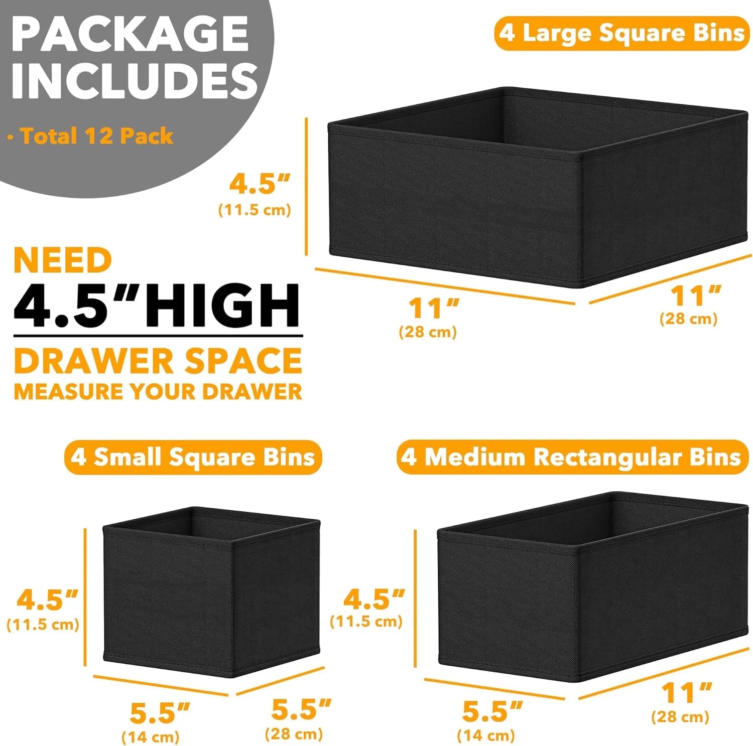 Drawer Organizer for Clothes, Dresser Drawer Organizer, 12 Pack, Black
