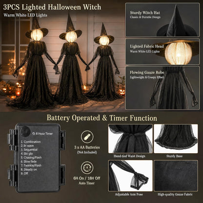 Halloween witch trio with black hats and glowing faces