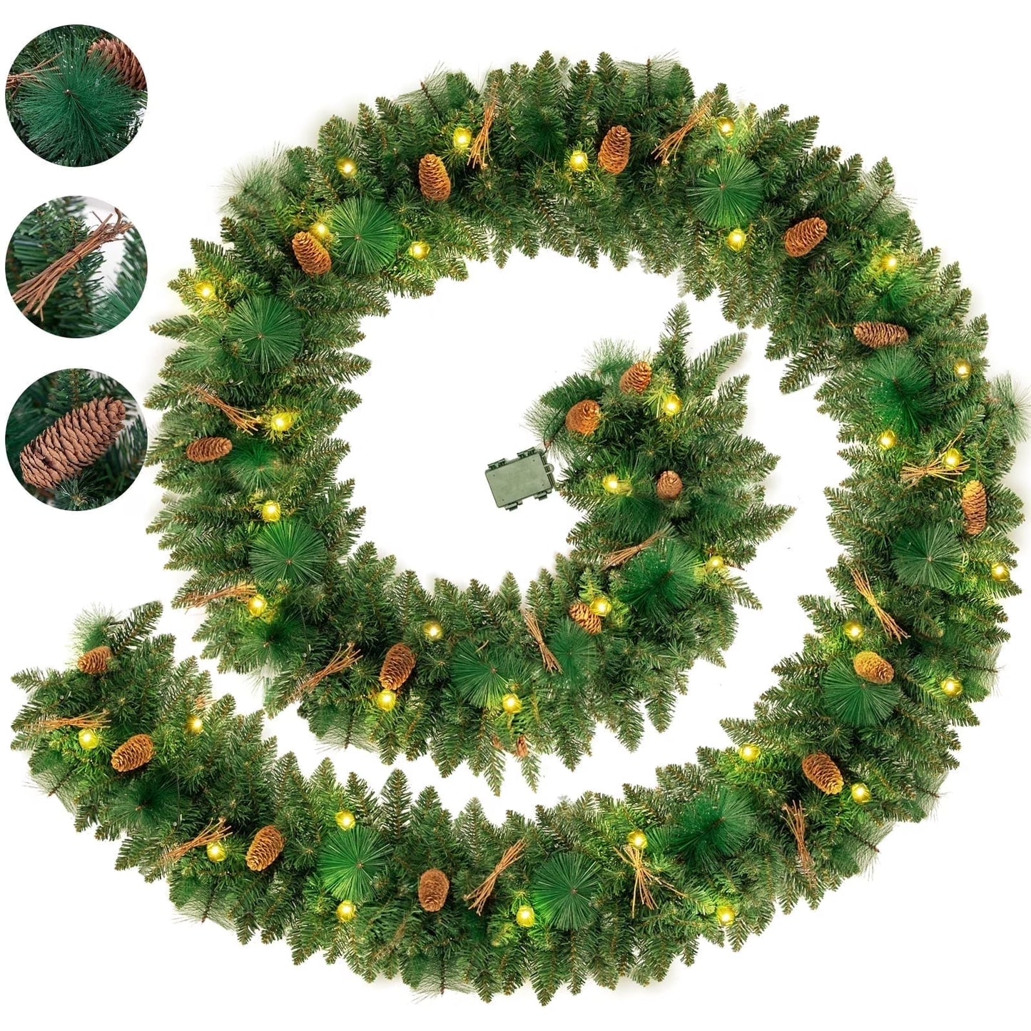 9Ft Pre-Lit Christmas Garland, Green Xmas Garland with Battery Operated LED Lights, Pine Needles Branches Pine Cones Artificial Christmas Decoration Indoor Home Fireplace Front Door