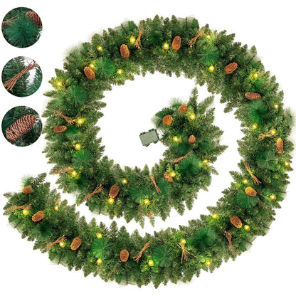 9Ft Pre-Lit Christmas Garland, Green Xmas Garland with Battery Operated LED Lights, Pine Needles Branches Pine Cones Artificial Christmas Decoration Indoor Home Fireplace Front Door