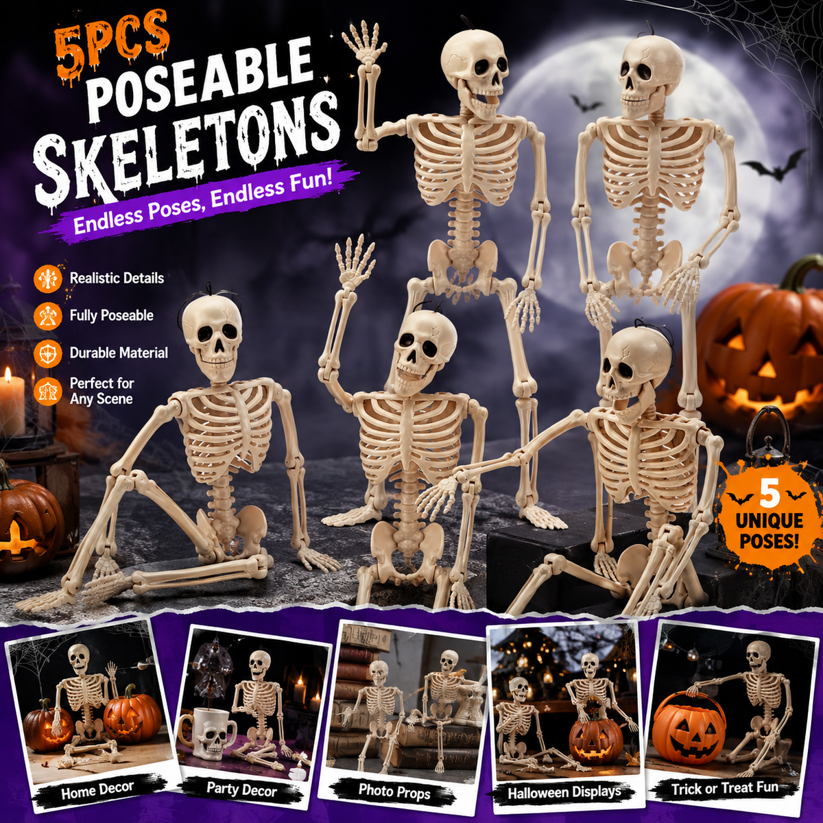 5 Pack 16 Inch Posable Halloween Skeleton Decorations