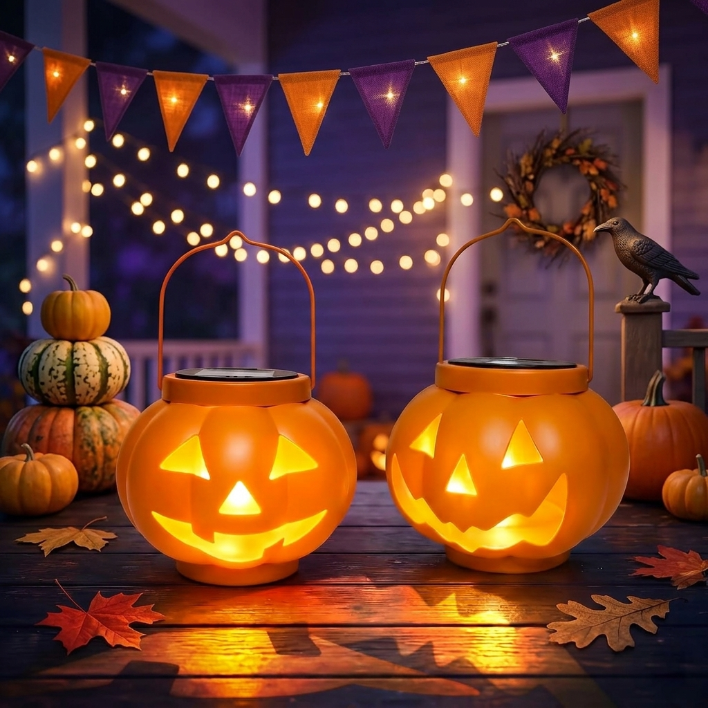 Halloween pumpkin solar lanterns 2 pack with warm white lights for outdoor yard decor