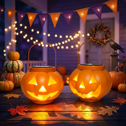Halloween pumpkin solar lanterns 2 pack with warm white lights for outdoor yard decor