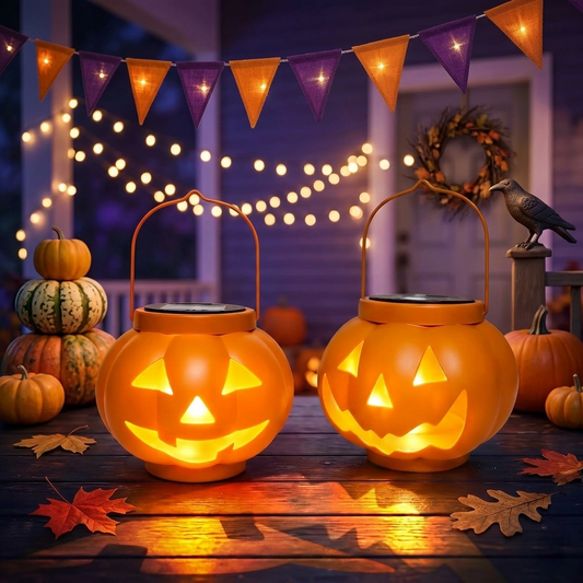 Halloween pumpkin solar lanterns 2 pack with warm white lights for outdoor yard decor