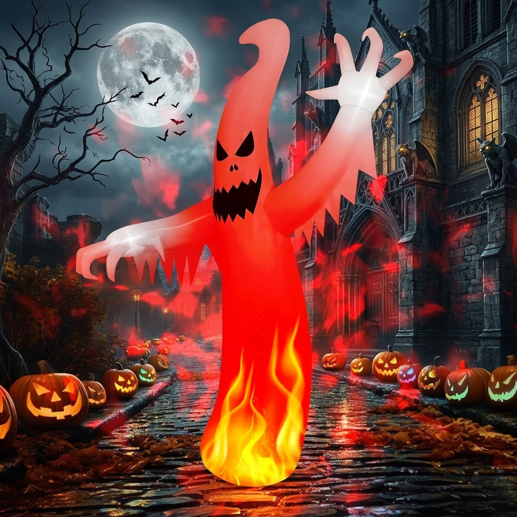 8 FT Halloween inflatable ghost with built-in LED and red disco light for outdoor yard decor