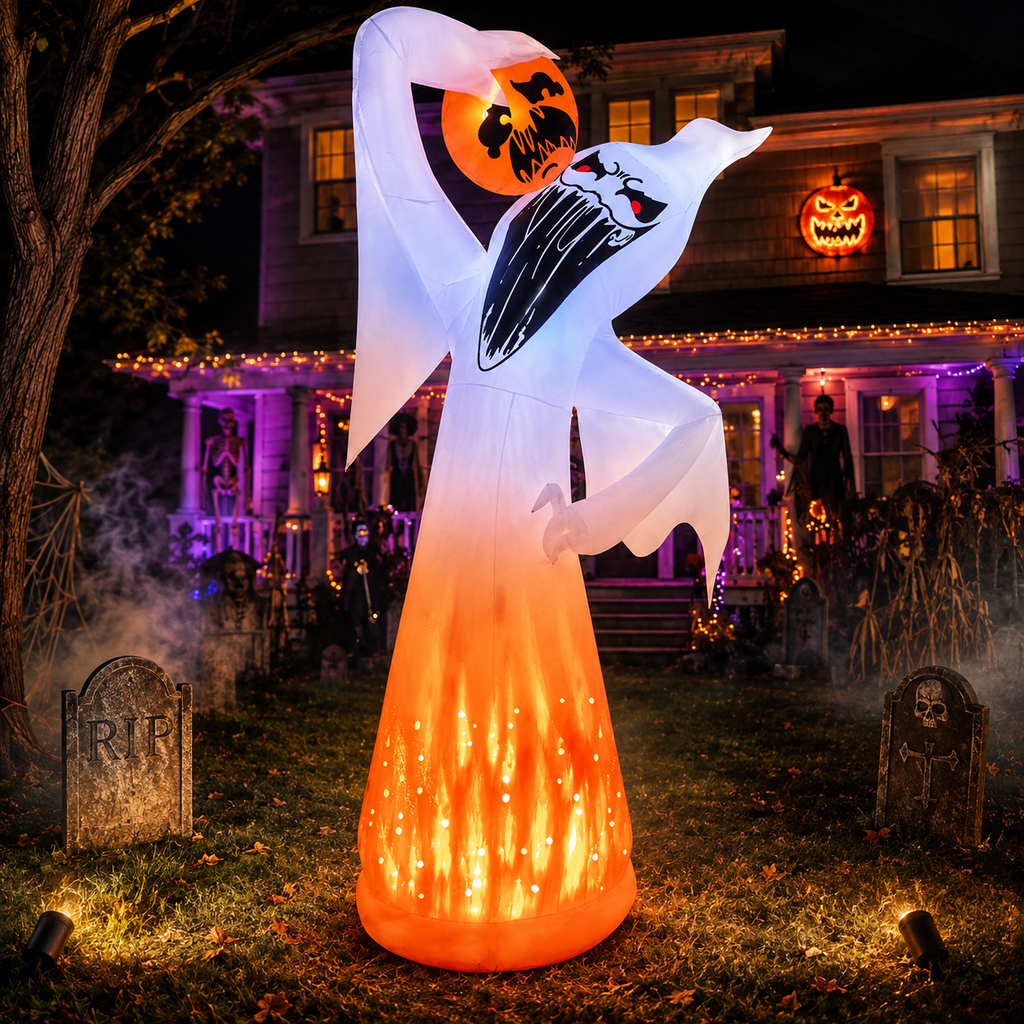 10 Ft Halloween Inflatable Ghost with Pumpkin & LED Lights
