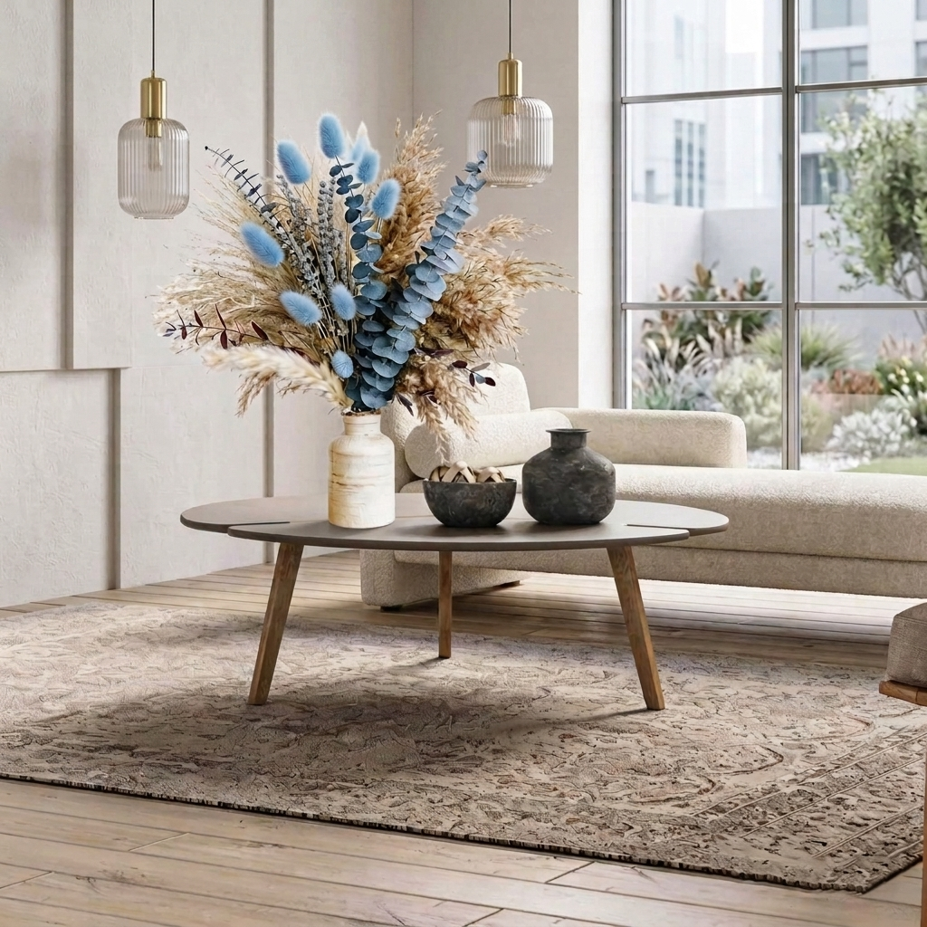 Dusty blue dried flower bouquet with pampas grass, bunny tails, lavender, and eucalyptus