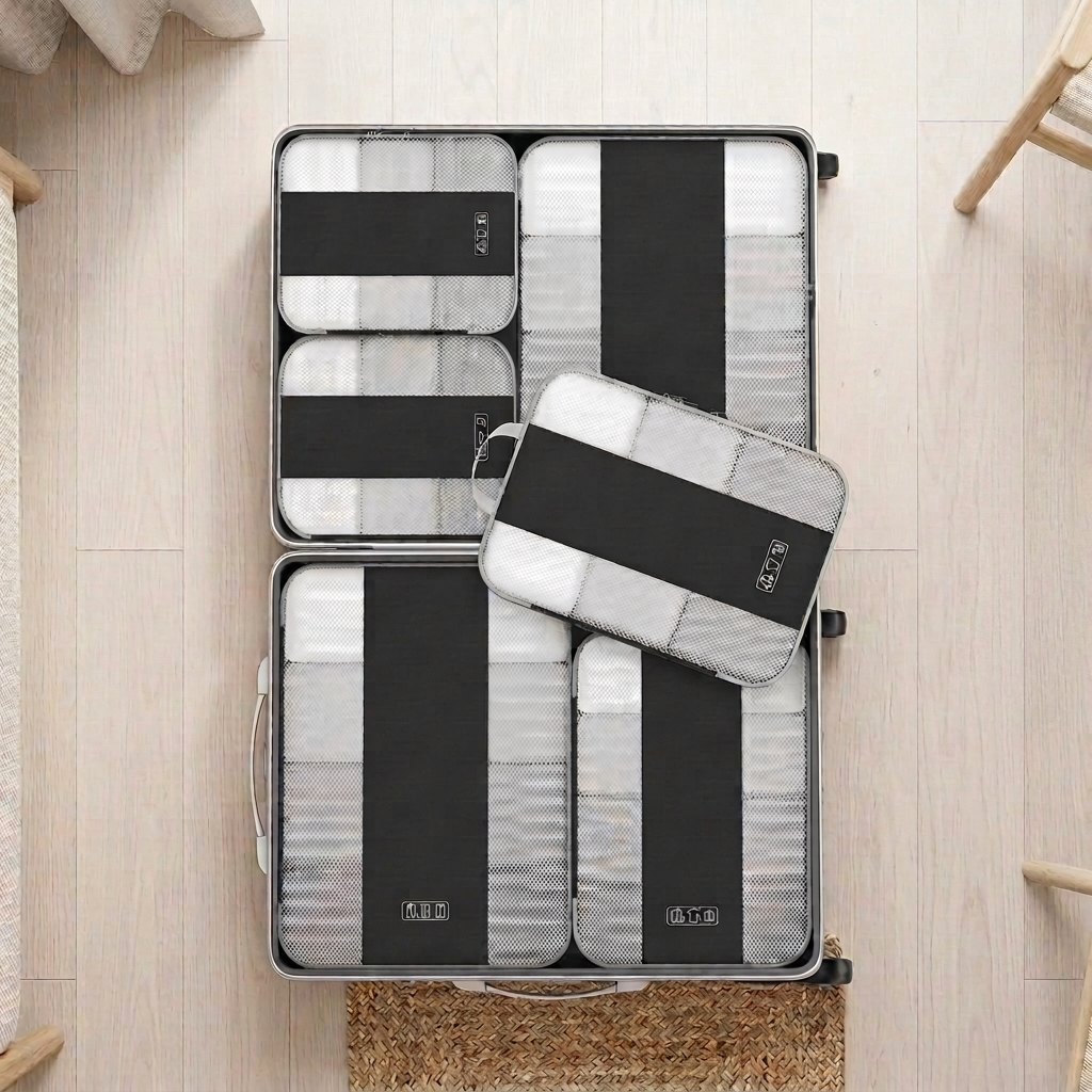 6 set compression packing cubes for travel luggage and suitcase organization in black