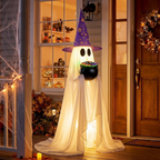 53 inch Halloween candy ghost decor with lighted cauldron for spooky display