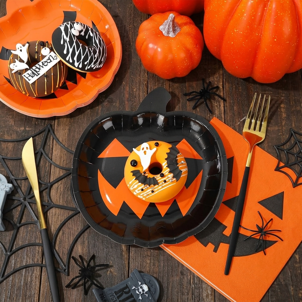 72-piece Halloween party dinnerware set with orange black pumpkin themed plates cups and napkins