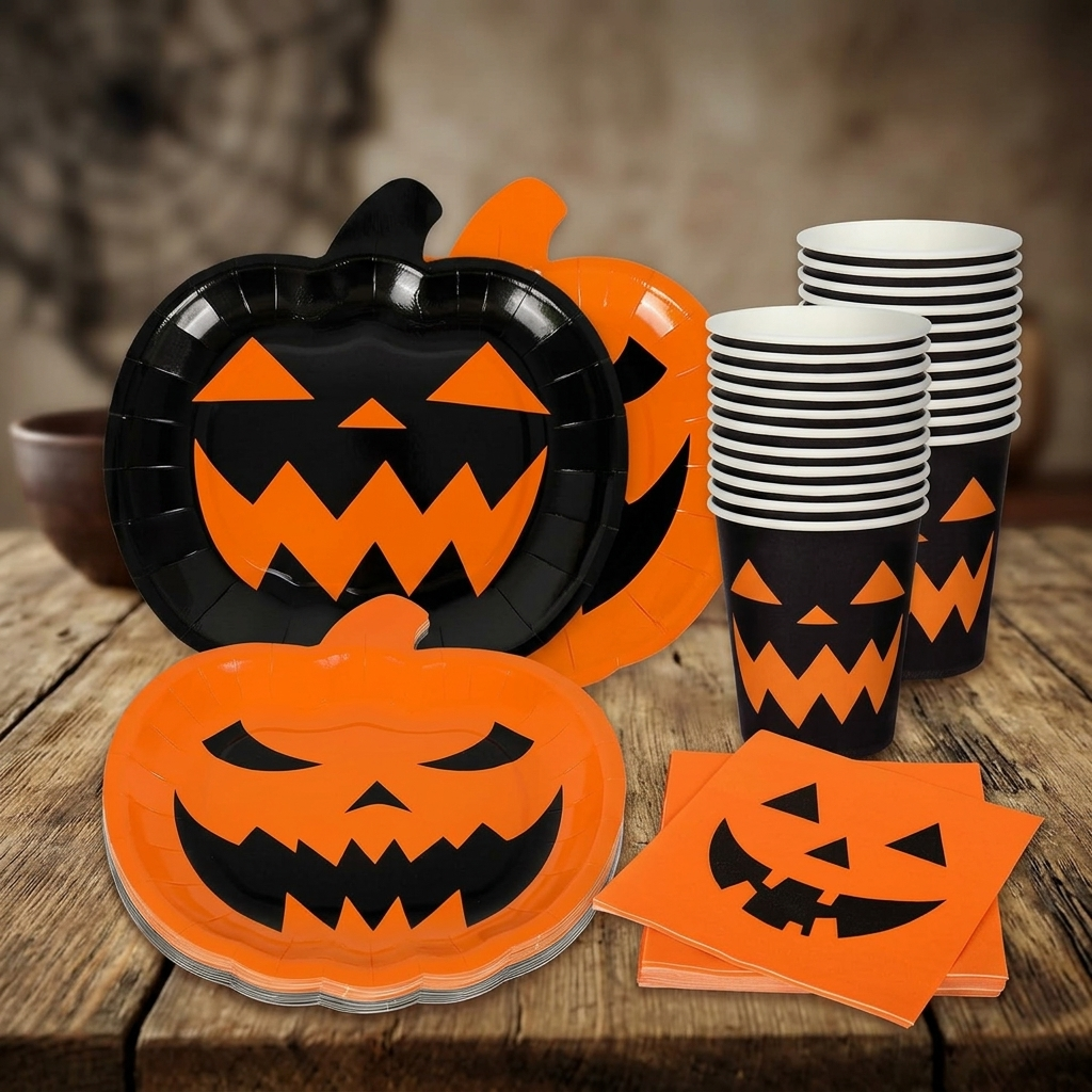 Orange and black pumpkin Halloween paper plates for spooky party tableware