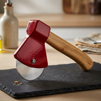 Axe pizza cutter with bamboo handle and sharp rotating blade for slicing pizza
