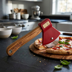 Unique axe shaped pizza cutter with wooden bamboo handle and rotating blade