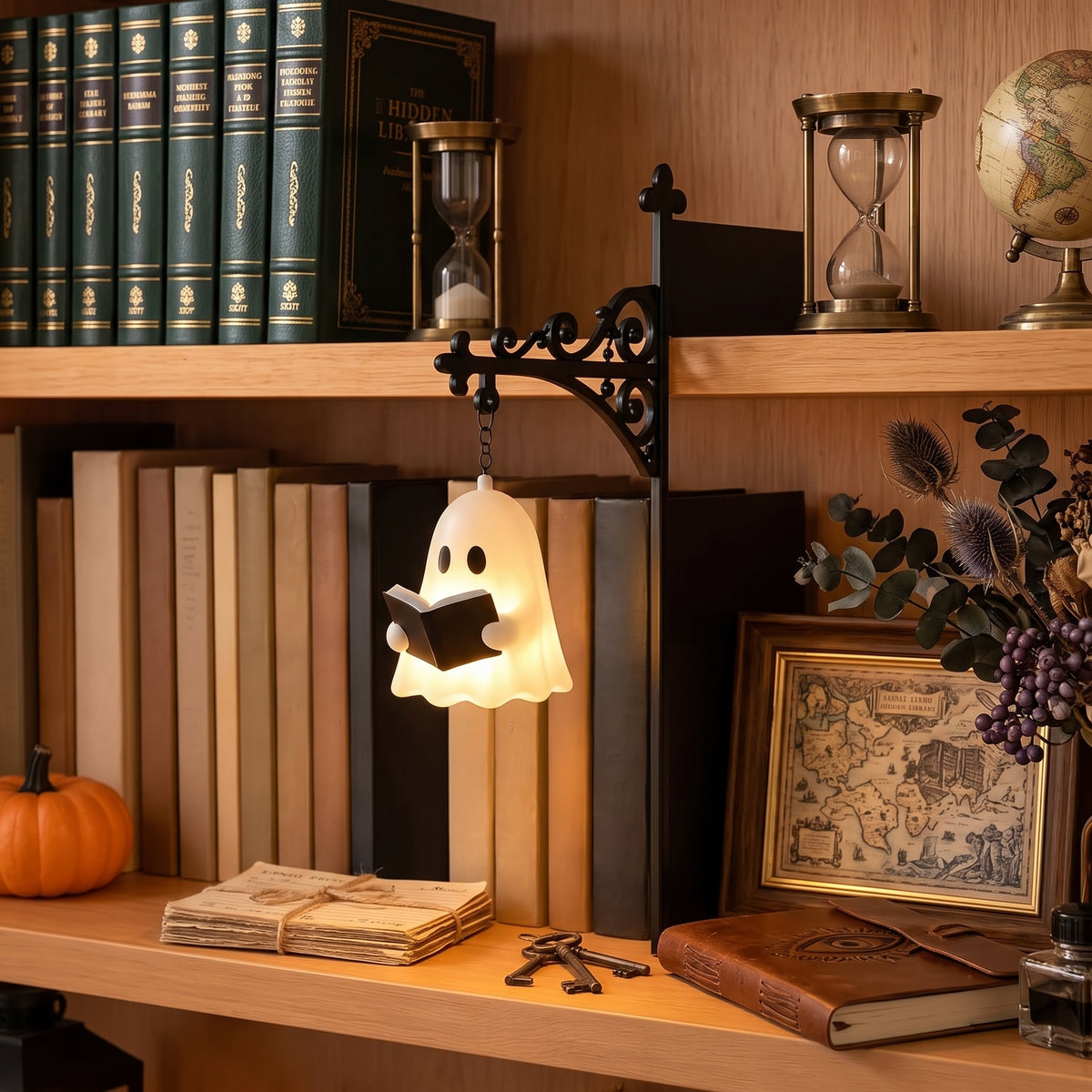 Ghost bookshelf lamp with warm LED light for cozy book nook decor