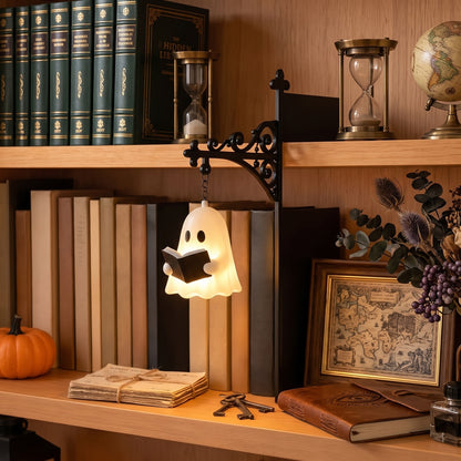 Ghost bookshelf lamp with warm LED light for cozy book nook decor
