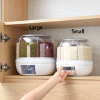 Six-compartment rice and grain storage container with easy one-click dispensing