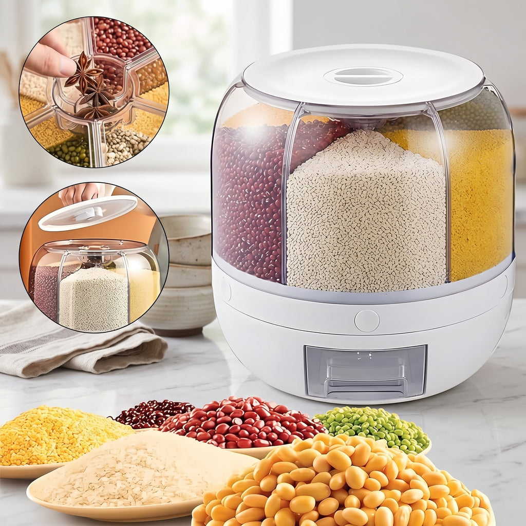 Rotating rice storage container with six compartments for grains and dry foods