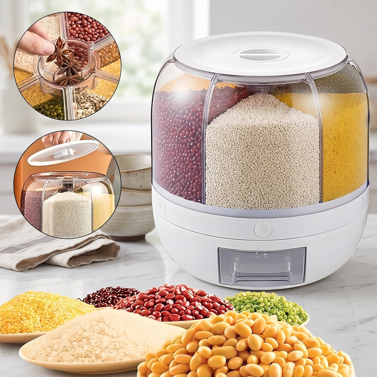 Rotating rice storage container with six compartments for grains and dry foods