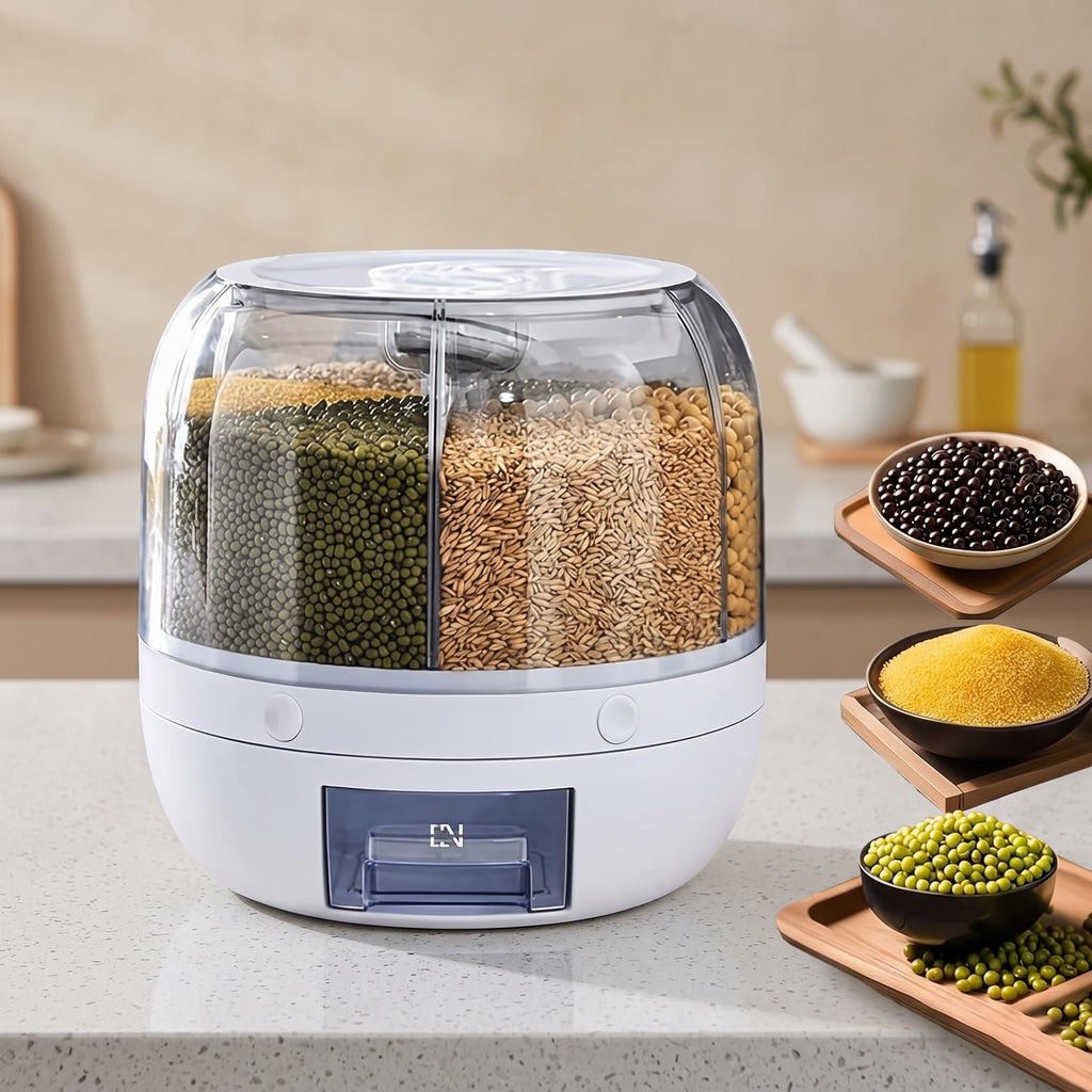 Rotating kitchen grain organizer designed for convenient dry food storage