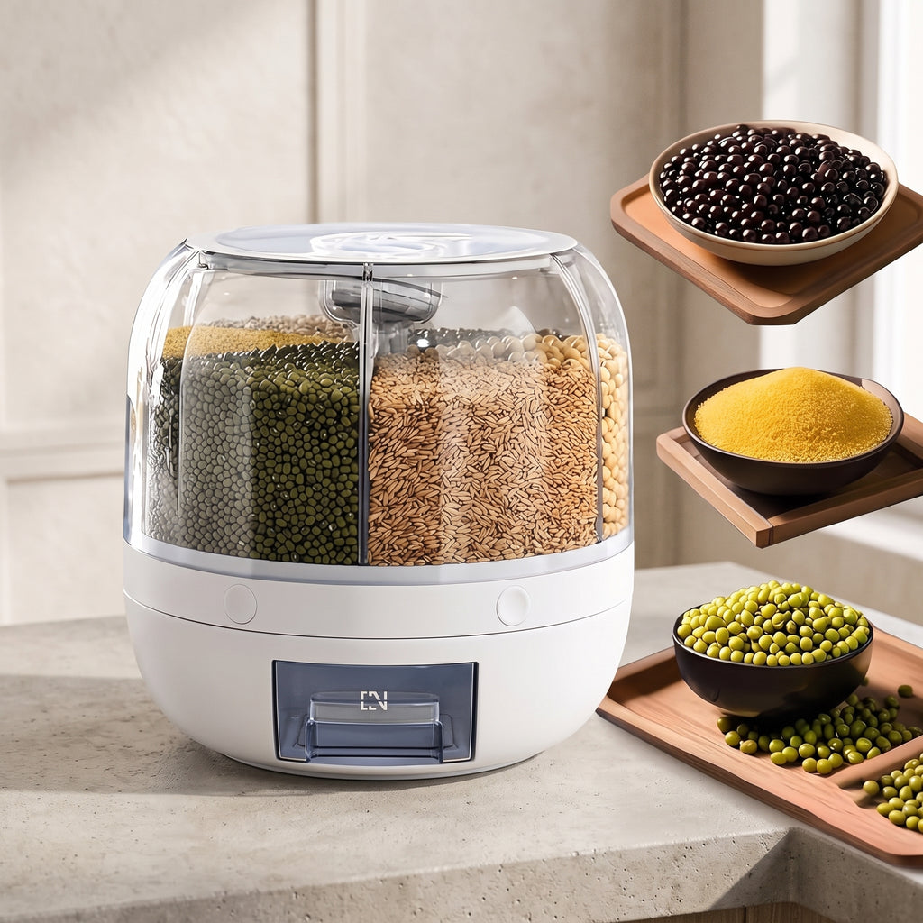 6-grid rotating grain storage bin with one-click rice dispenser in gray
