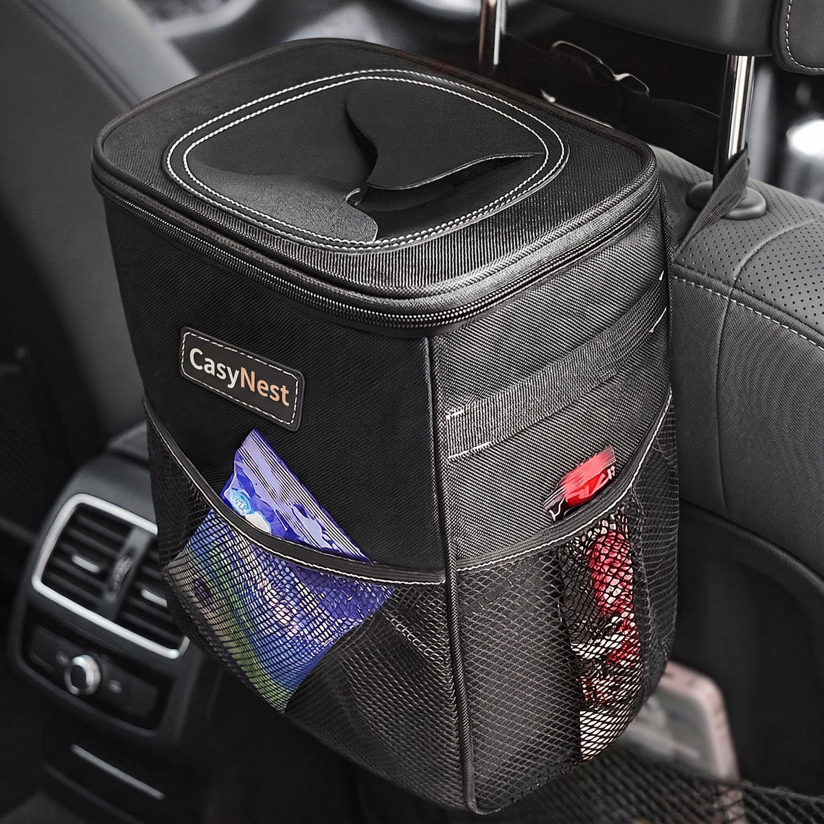 2 gallon black leakproof car trash can and organizer for vehicle interiors