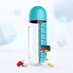 2-in-1 water bottle and capsule organizer designed for travel and gym use