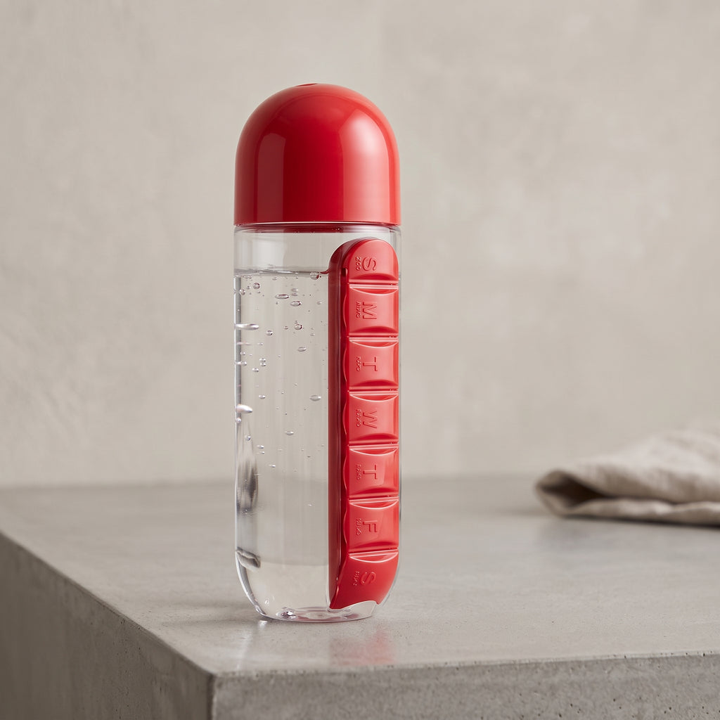 Portable 2-in-1 water bottle with medicine storage compartments for travel