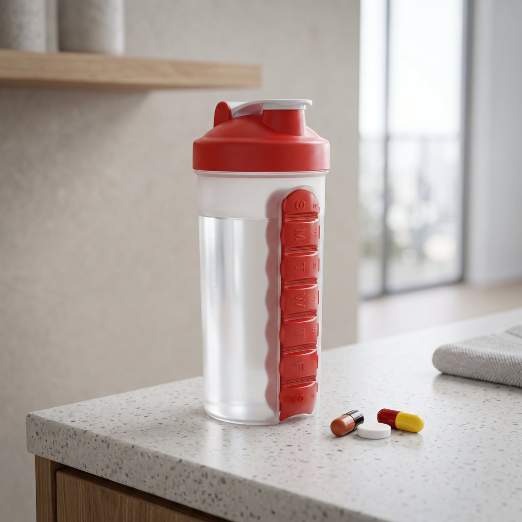 Black hydration bottle with seven individual compartments for pills and supplements