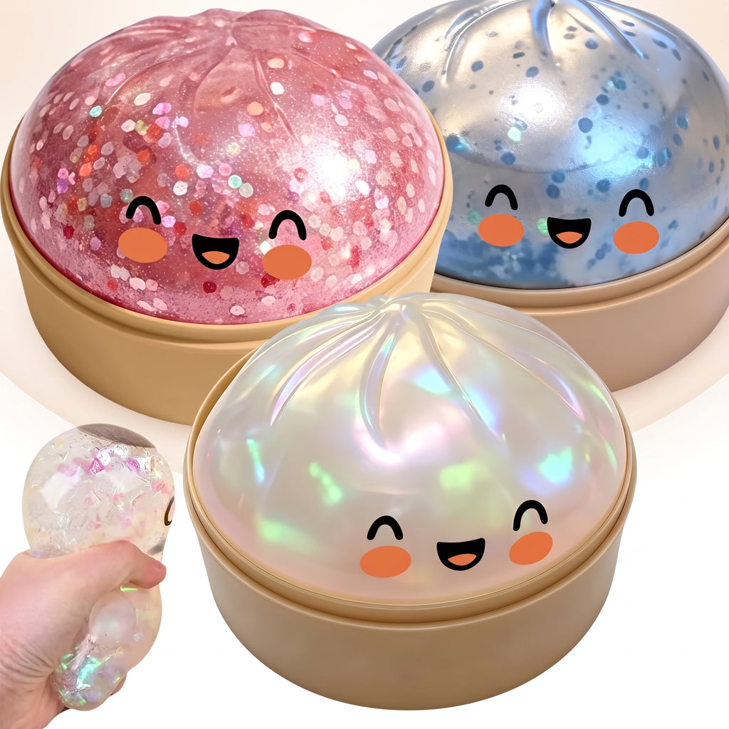 Rare glitter dumpling bun squishy in a cute steamer-style cage