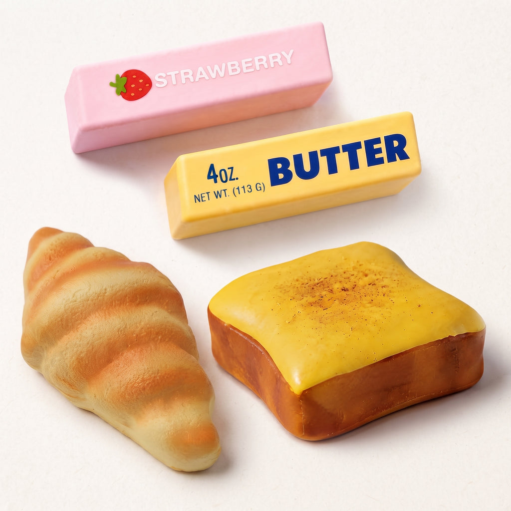 4-piece slow-rising bread squishy set with toast butter and croissant designs