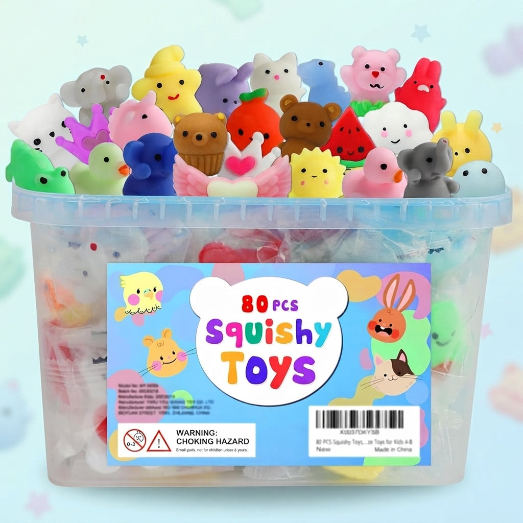 Assorted animal and fruit squishy toys for birthday parties and sensory play