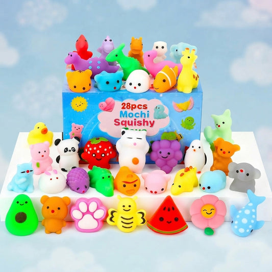 Portable bucket of mini mochi squishy toys for travel, playdates, and gifts