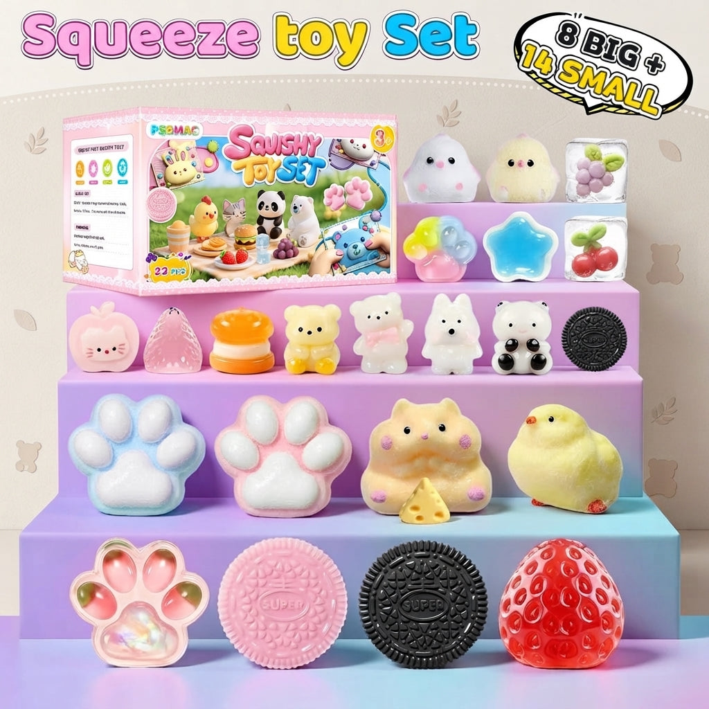 Gift box with 22 assorted Taba squishy toys for birthdays classroom prizes and parties