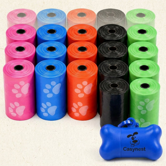 500 count rainbow dog poop bags with paw prints and bone-shaped dispenser