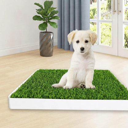 Indoor dog litter box with realistic grass pad and easy-clean drainage tray