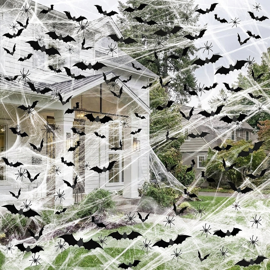 1200 sq ft Halloween spider webs with fake bats and spiders