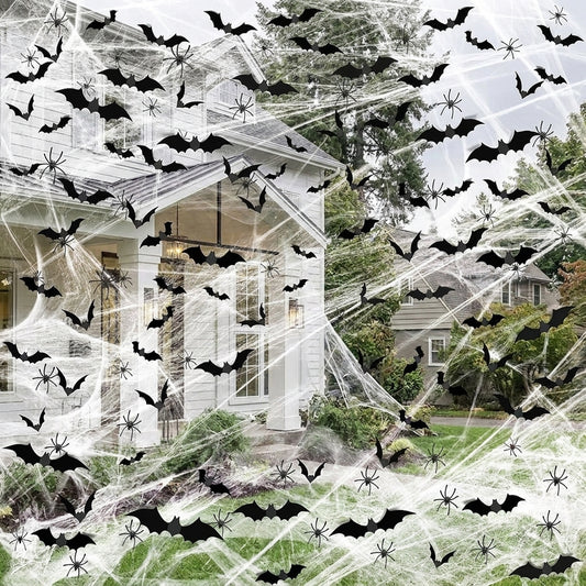1200 sq ft Halloween spider webs with fake bats and spiders